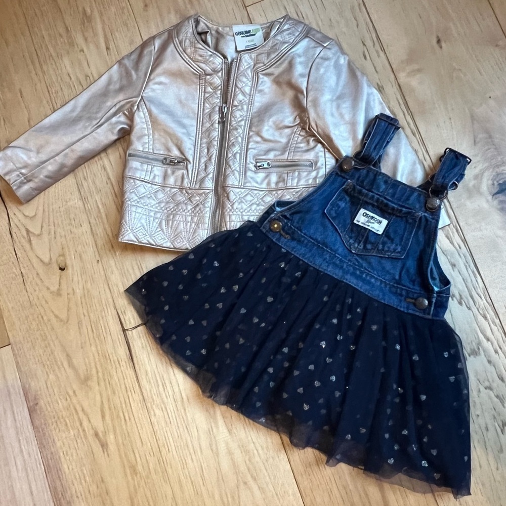 OSHKOSH b’ GOSH Girls Faux Leather Jacket & Bib Skirt EUC Size 18M
